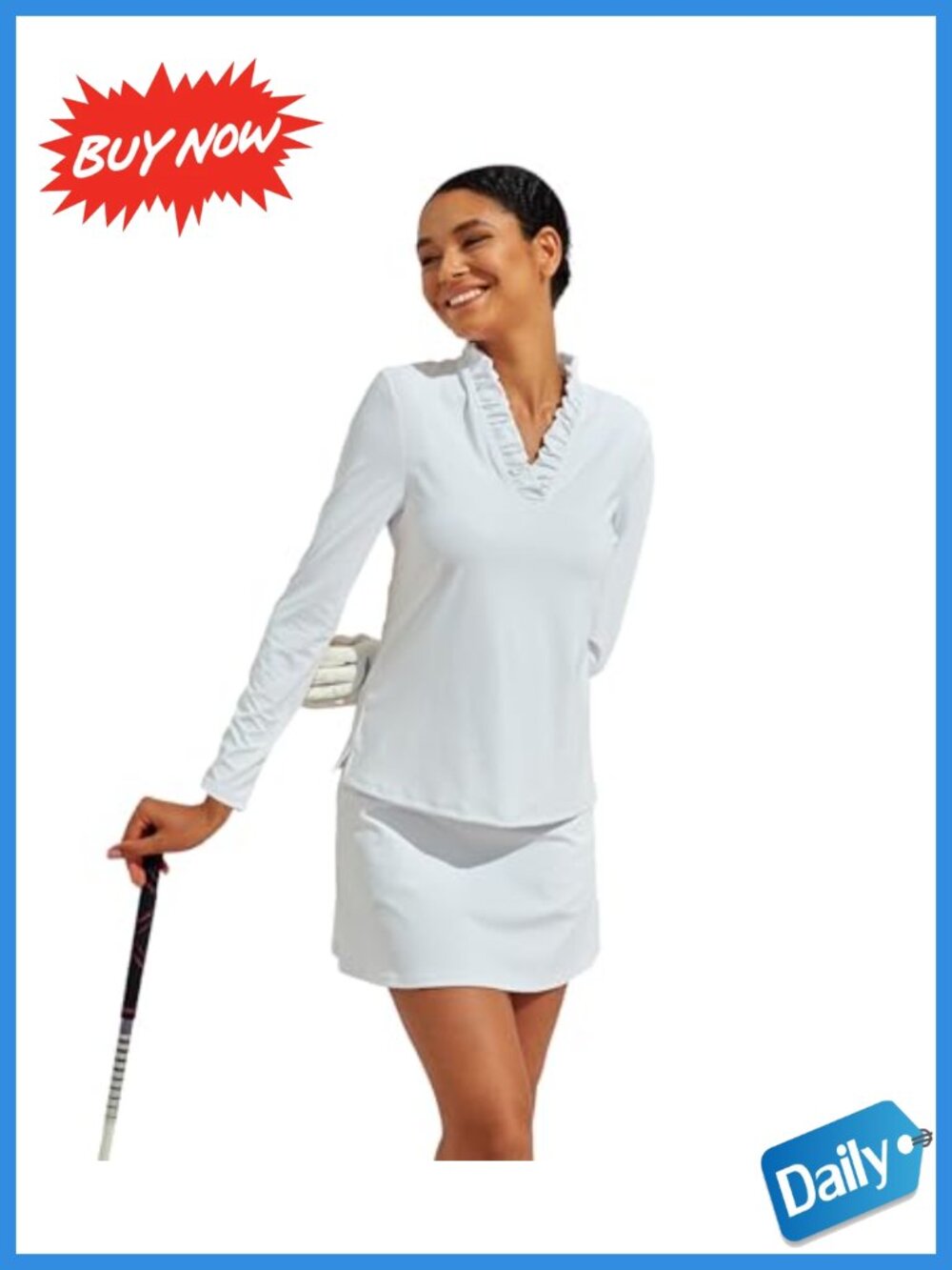 ACEGOLFS Womens Golf Polo Shirt Long Sleeve V Neck Ruffle UPF 50+ Rash Guard